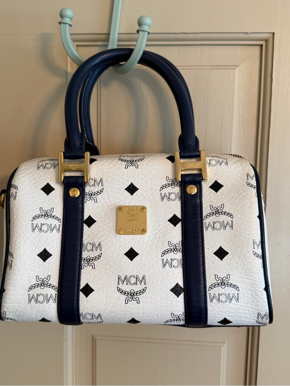 Authentic MCM White Mini Boston Bag with Navy Trim and Gold Hardware
